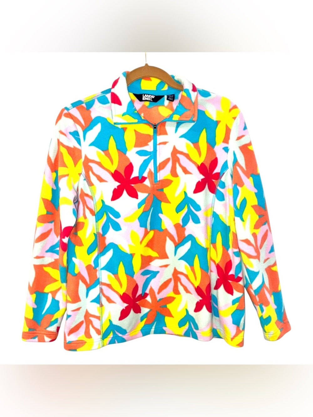 Lands' End Womens Sweatshirt Petite M 1/4 Zip Mock Neck Fleece Multicolor Floral